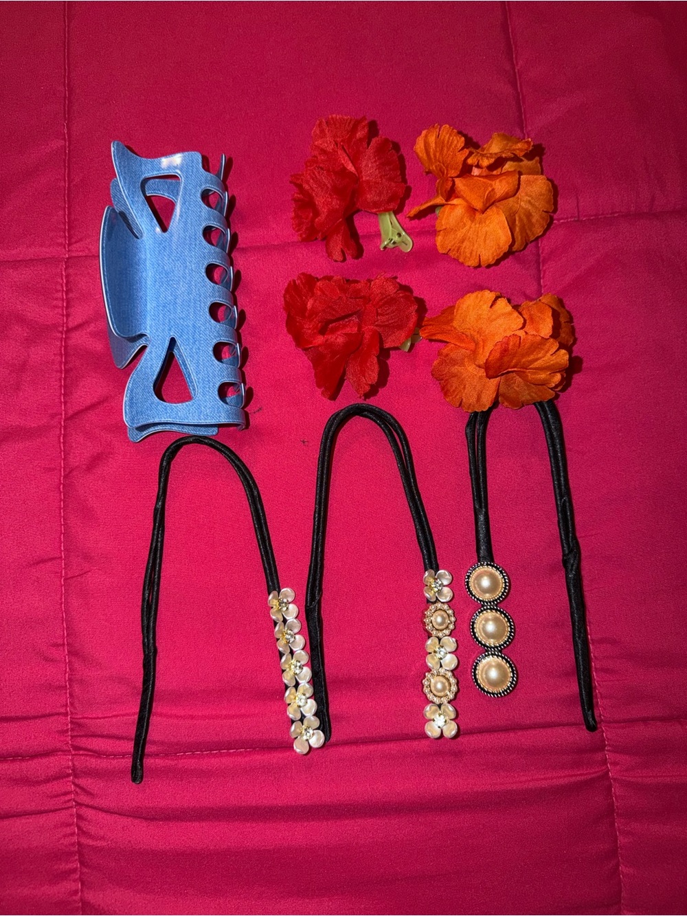 Women’s Pink Hair Accessory Set with Orange & Red Flowers